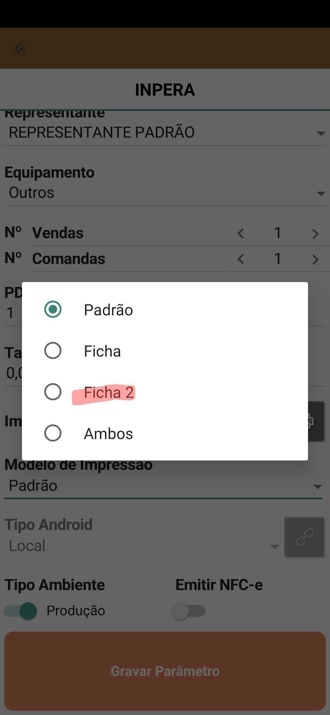 PDV Controle tela configuração para modelo de impressão