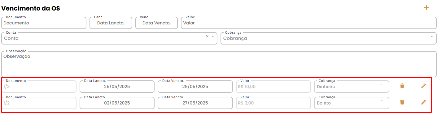 Exibe o local onde os registros dos vencimentos serão mostrados