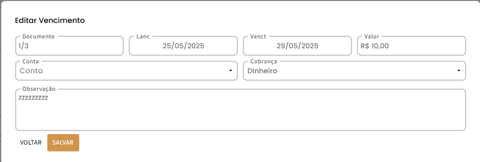 tela de edição de vencimento