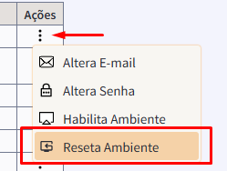 Menu e submenu da ação