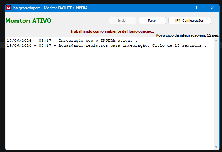 Figura 3 - Faixa de alerta exibida quando TipoAmbiente=H no arquivo de configuração "IntegracaoInpera.ini"