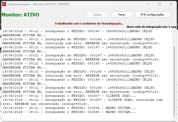 Figura 8 — Exemplo de integração com erro (consultar também II_MENSAGEMERROR na fila).