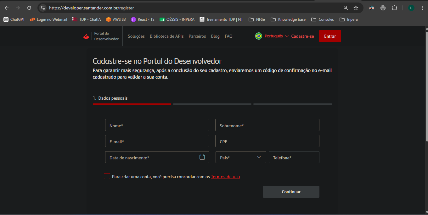 Acesso com usuário autorizado no portal Developers Santander