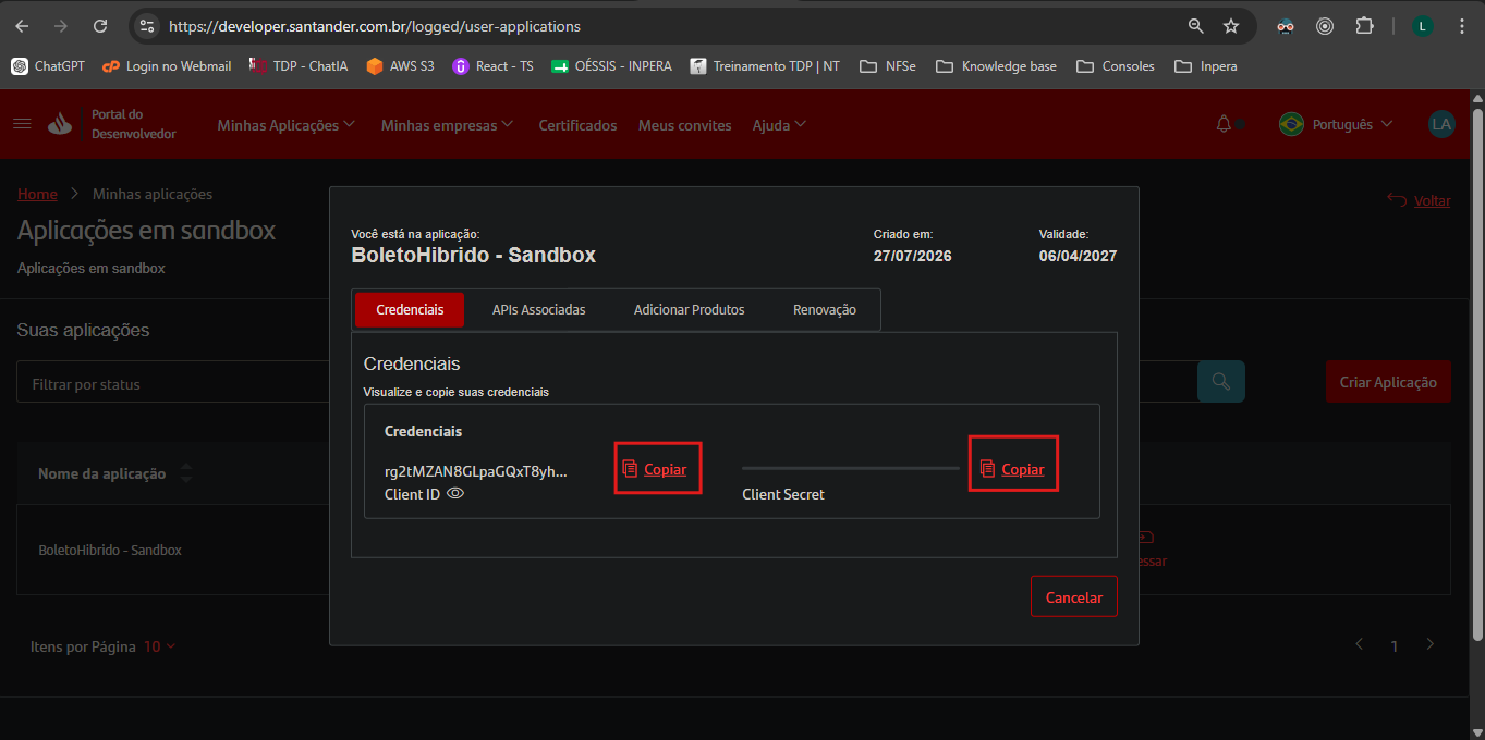 Tela com Client ID e Client Secret