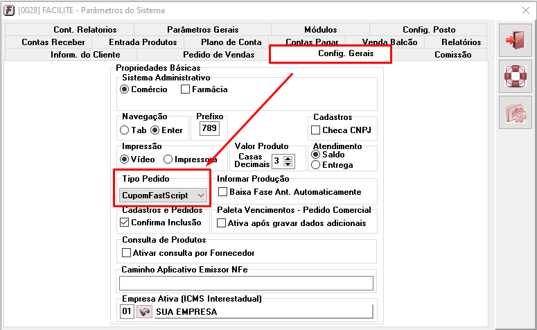 Config. Gerais Tipo Pedido CupomFastScript